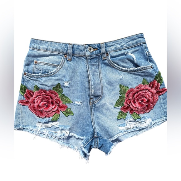 Zara Trafaluc Women Shorts Blue Cotton Denim Floral Embroidered Size 4 - Picture 1 of 7